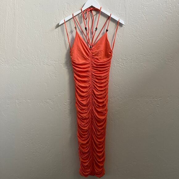 NEW $495 A.L.C. Allegra Ruched Bead-Embellished Midi-Dress - Picture 7 of 9